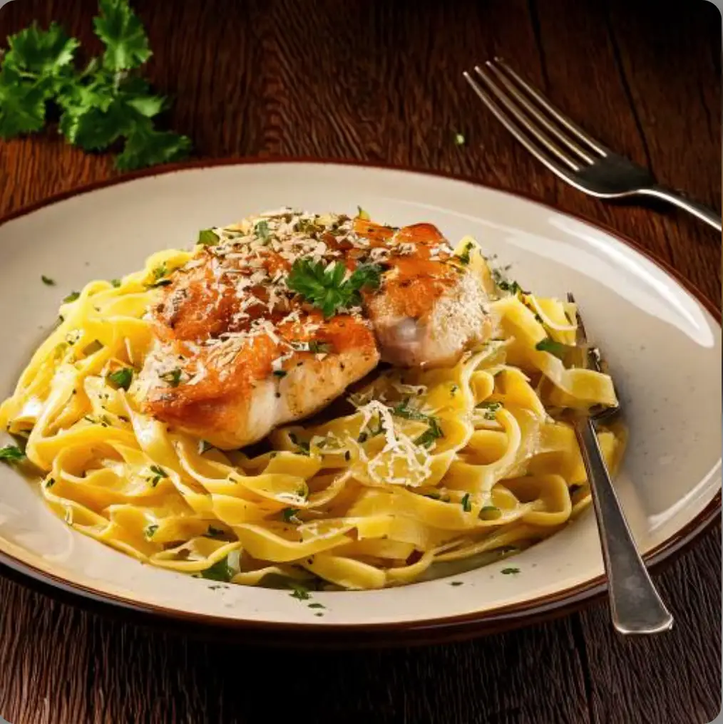 Plate of creamy Garlic Parmesan Chicken Pasta​ topped with golden chicken slices, fresh parsley, and grated parmesan, served on a rustic wooden table.