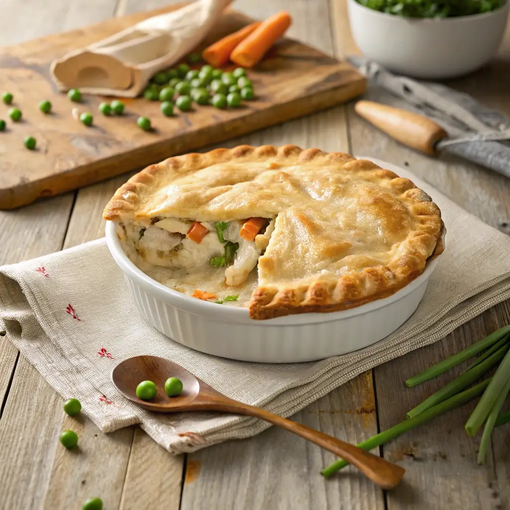 Freshly baked Pillsbury chicken pot pie with a golden flaky crust and creamy chicken and vegetable filling on a rustic wooden table.