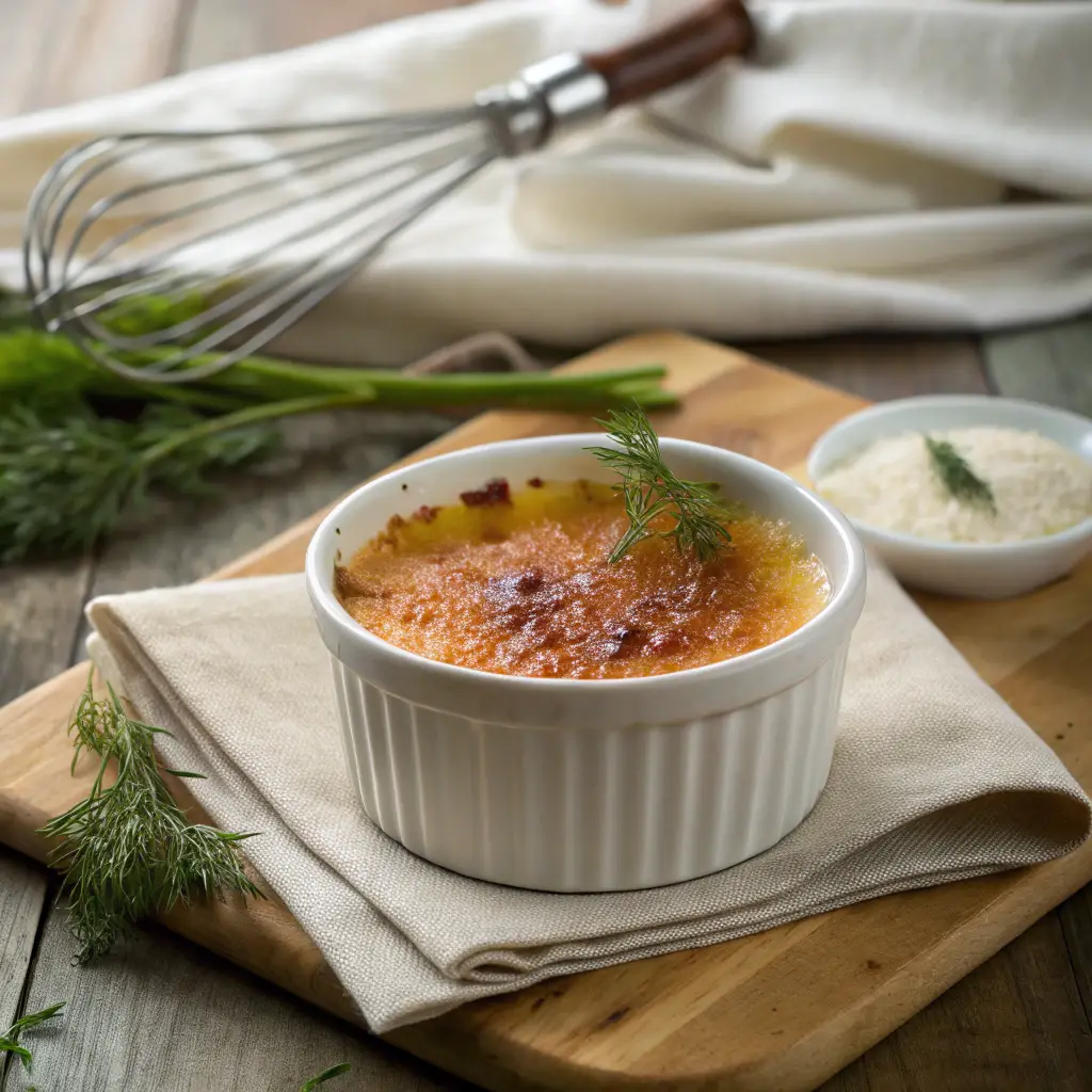 A close-up of a beautifully plated crab brulee in a white ceramic ramekin, featuring a golden caramelized sugar crust garnished with fresh dill. The ramekin sits on a rustic wooden table, with a linen napkin and blurred kitchen elements like a whisk and cream in the background, creating a warm and sophisticated ambiance.