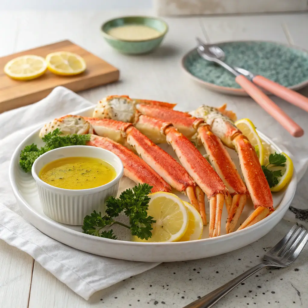 A beautifully arranged plate of cooked crab legs with lemon wedges, parsley garnish, and a bowl of melted butter on a light wooden countertop in a modern kitchen.