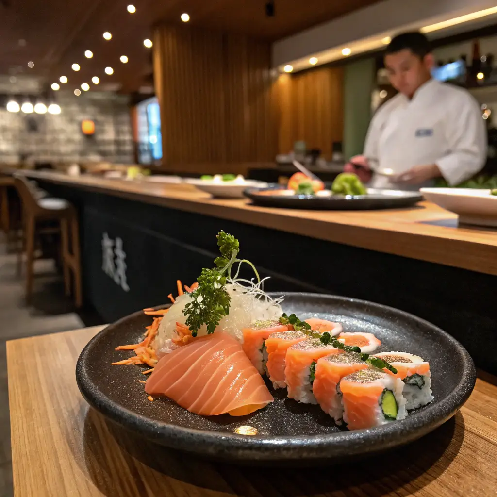 A stylish sushi restaurant setting with a plate of Salmon-Topped Sushi Dishes, elegantly arranged with garnishes, in front of a softly lit sushi bar.