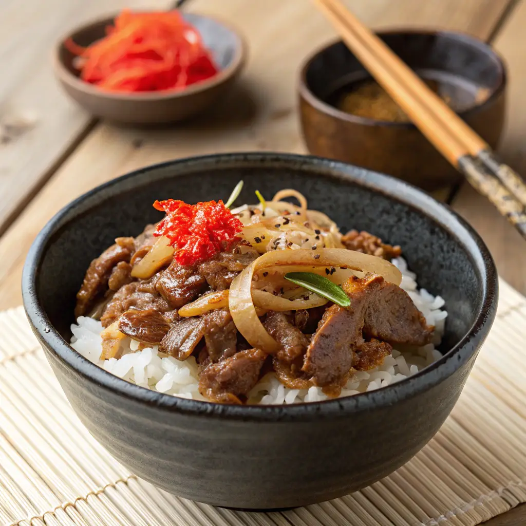 A close-up of a freshly made Yoshinoya Beef Bowl served in a rustic black ceramic bowl. The dish features thinly sliced beef and caramelized onions on top of steamed Japanese short-grain rice, garnished with pickled red ginger and shichimi togarashi. A set of wooden chopsticks rests beside the bowl, placed on a wooden countertop.