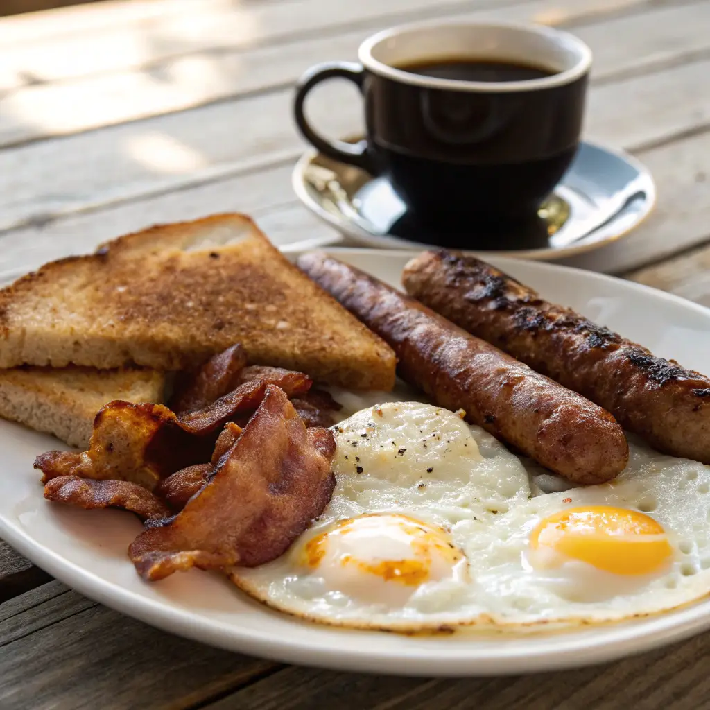 A hearty breakfast plate with crispy bacon, golden-brown sausage links, sunny-side-up eggs, and buttered toast, served on a rustic wooden table with natural morning light.