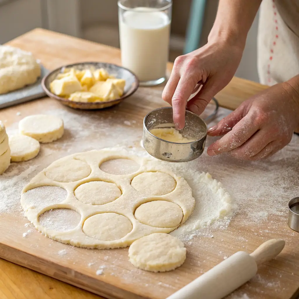 Hands lifting a freshly cut biscuit dough round from a floured wooden surface. A metal biscuit cutter, cold butter cubes, and a glass of buttermilk are nearby, with a soft kitchen ambiance in the background.