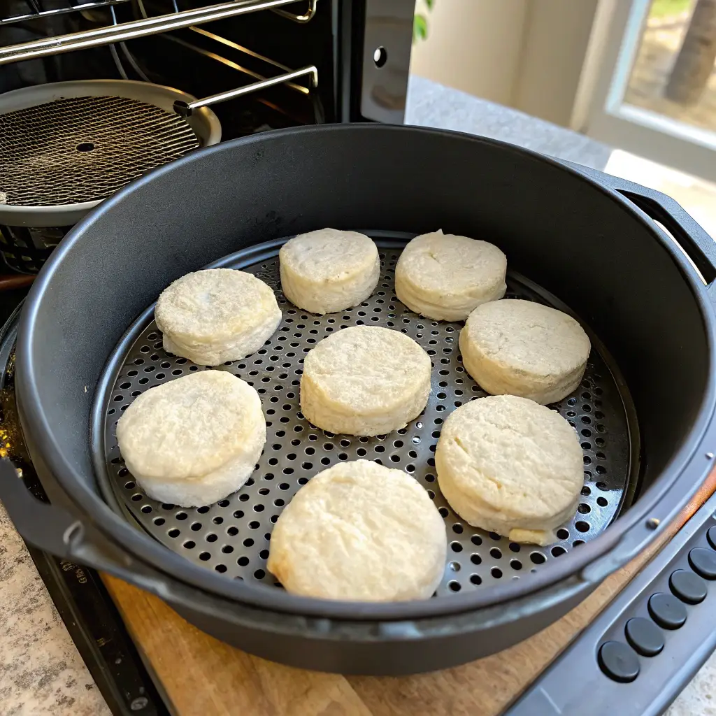 An air fryer basket filled with uncooked biscuit dough rounds, evenly spaced on perforated parchment paper, ready to be cooked. The air fryer is slightly open, showing the biscuits inside, with a home kitchen setting in the background.