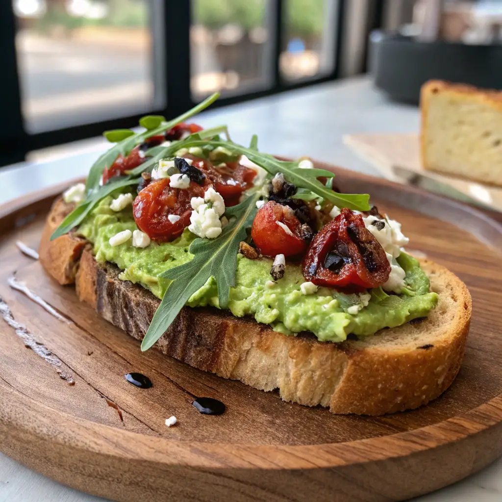 A close-up of freshly made avocado toast on a rustic wooden plate, topped with mashed avocado, roasted cherry tomatoes, arugula, and crumbled feta cheese. A drizzle of balsamic glaze adds a glossy finish, with soft natural kitchen lighting enhancing the textures.