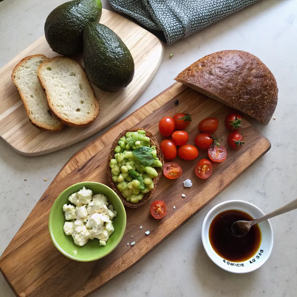 An overhead view of fresh ingredients for making Vegetables to Eat with Avocado Toast, including whole avocados, sourdough bread, roasted cherry tomatoes, arugula, and crumbled feta, all arranged on a wooden cutting board. Small dishes of olive oil and balsamic glaze complete the setup