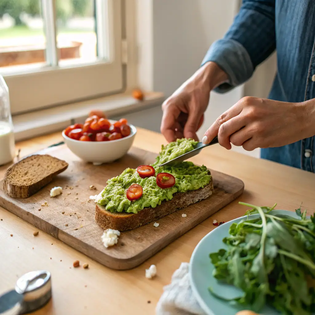 A casual kitchen scene where hands are spreading mashed avocado on a crispy sourdough slice. Roasted cherry tomatoes, arugula, and feta are nearby, ready to be added. Soft natural daylight highlights the fresh ingredients and warm wooden countertop.