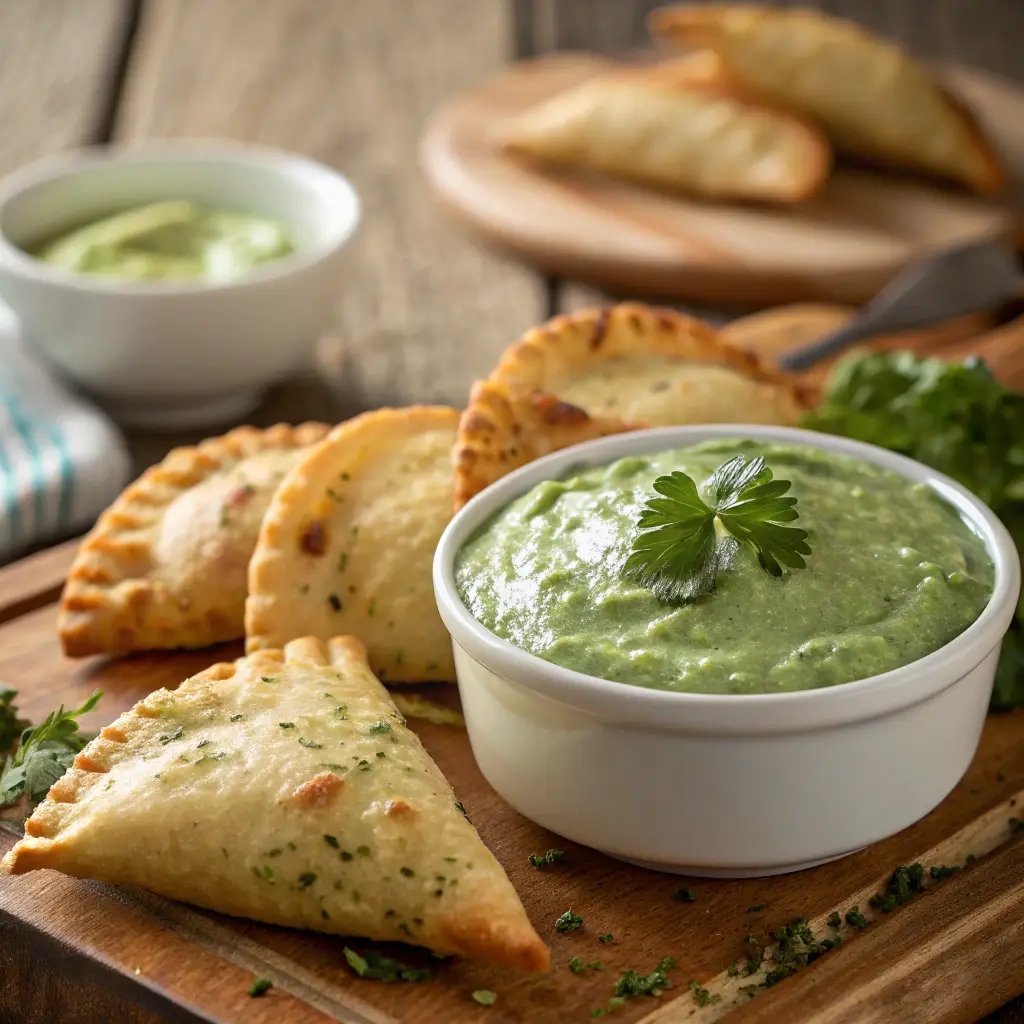 A creamy, vibrant green Arepa Zone cilantro-garlic sauce served in a small white bowl, surrounded by crispy golden arepas and empanadas on a rustic wooden table.