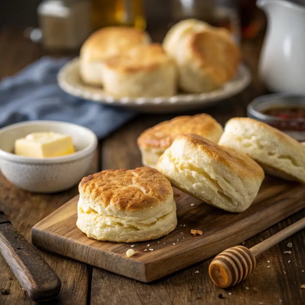 A batch of golden-brown, flaky air fryer biscuits on a wooden cutting board, with one biscuit topped with melting butter. A small bowl of honey and a butter knife are placed beside it, with warm natural kitchen lighting in the background.