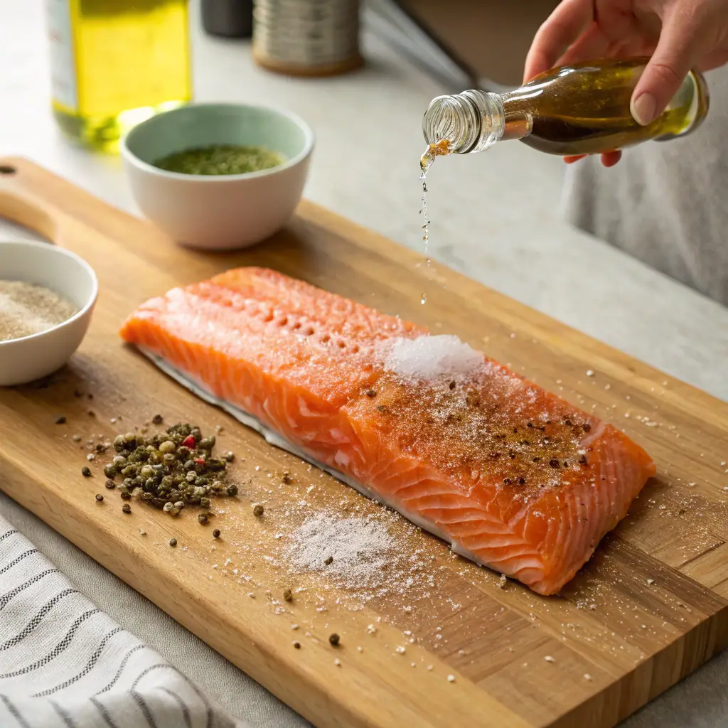 A frozen salmon fillet on a wooden cutting board being seasoned with spices and drizzled with olive oil before air frying