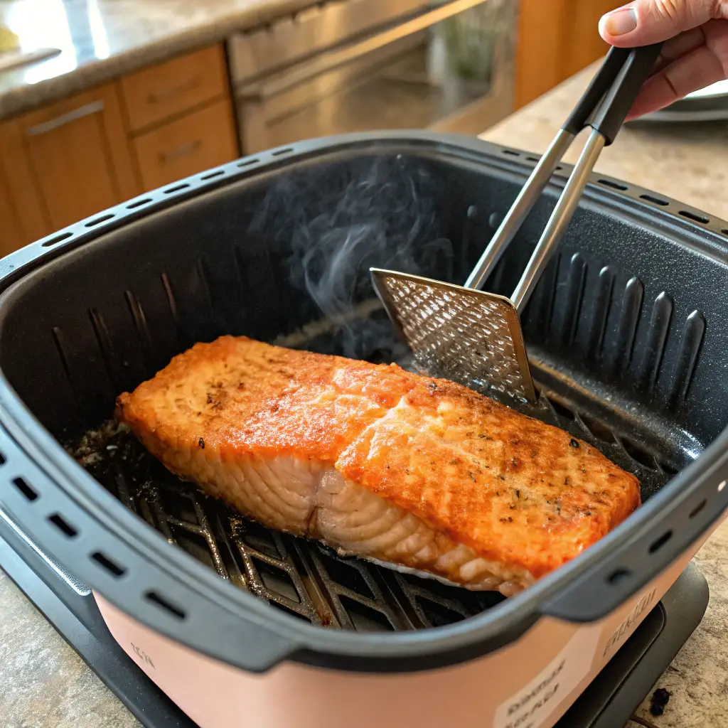 A freshly cooked frozen salmon in air fryer basket, crispy on the outside and flaky inside, being lifted with tongs