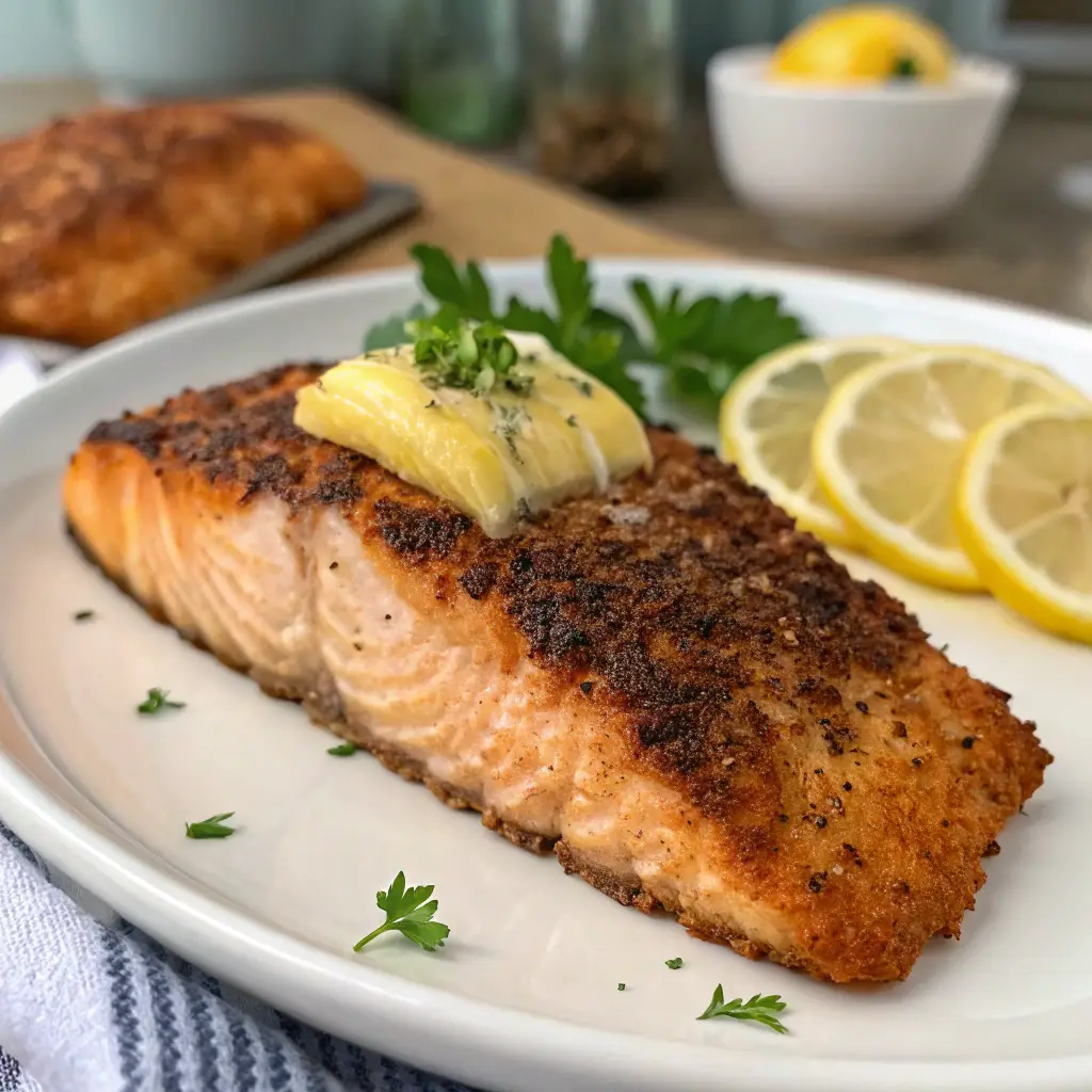 A golden, crispy air-fried salmon fillet on a white plate, garnished with lemon wedges and parsley, with a flaky interior