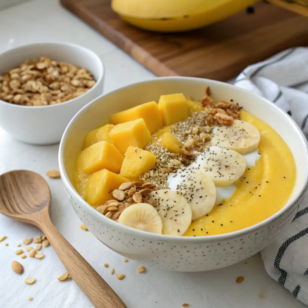 A bright yellow tropical smoothie bowls made with mango, pineapple, and banana, topped with fresh mango slices, shredded coconut, chia seeds, and granola, placed on a clean kitchen countertop with a wooden spoon beside it.