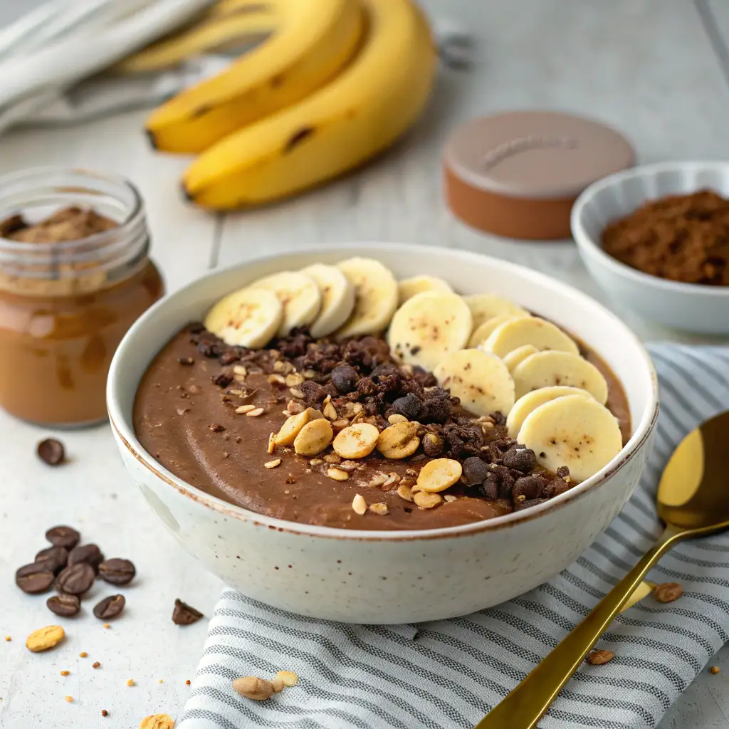 A thick and creamy chocolate peanut butter smoothie bowls, deep brown in color, topped with banana slices, peanut butter drizzle, cacao nibs, and crushed peanuts, served in a rustic ceramic bowl on a cozy breakfast table with a wooden spoon beside it.