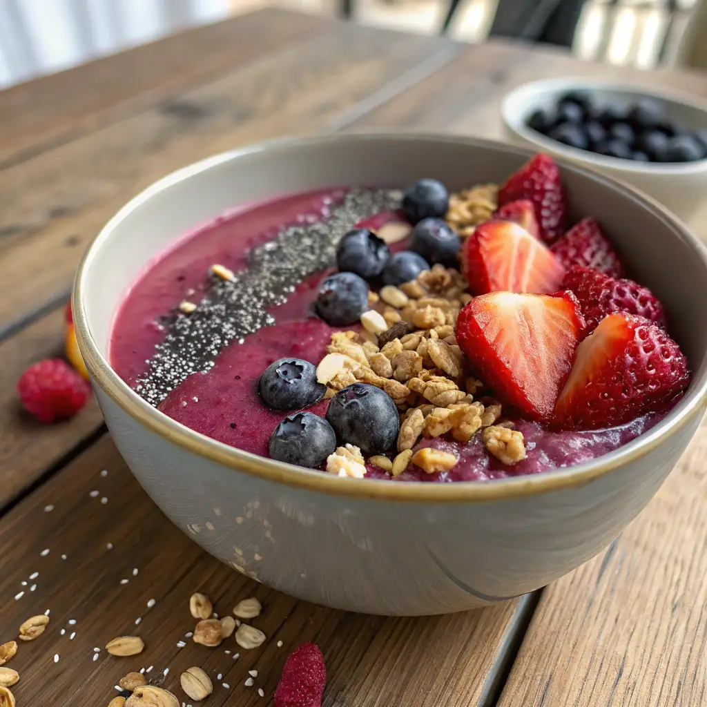 A vibrant berry smoothie bowl with a thick, deep purple base, topped with fresh strawberries, blueberries, granola, chia seeds, and honey drizzle, served in a white bowl on a rustic wooden table with natural lighting.