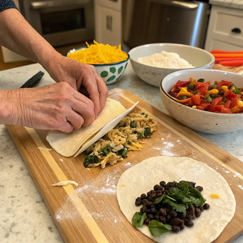 Step-by-step preparation of Chili's Southwestern Egg Rolls. A wooden cutting board holds flour tortillas being filled with shredded chicken, black beans, corn, diced red bell peppers, fresh spinach, and Monterey Jack cheese. A pair of hands rolls up a tortilla, with a bowl of the filling nearby, taken with an iPhone 15 Pro.