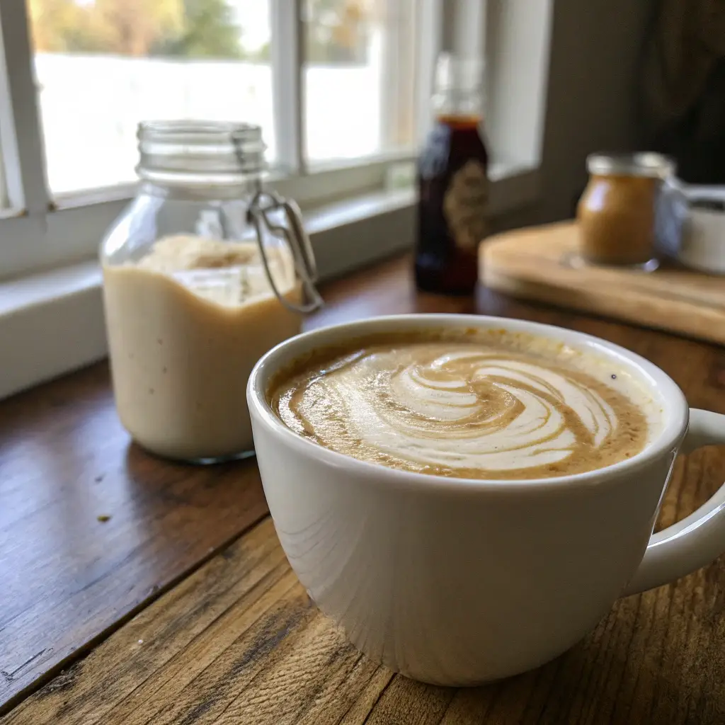 A steaming cup of coffee with homemade coffee creamer swirled in, sitting on a rustic wooden kitchen counter. A glass jar of fresh creamer is in the background, softly lit by natural morning light.