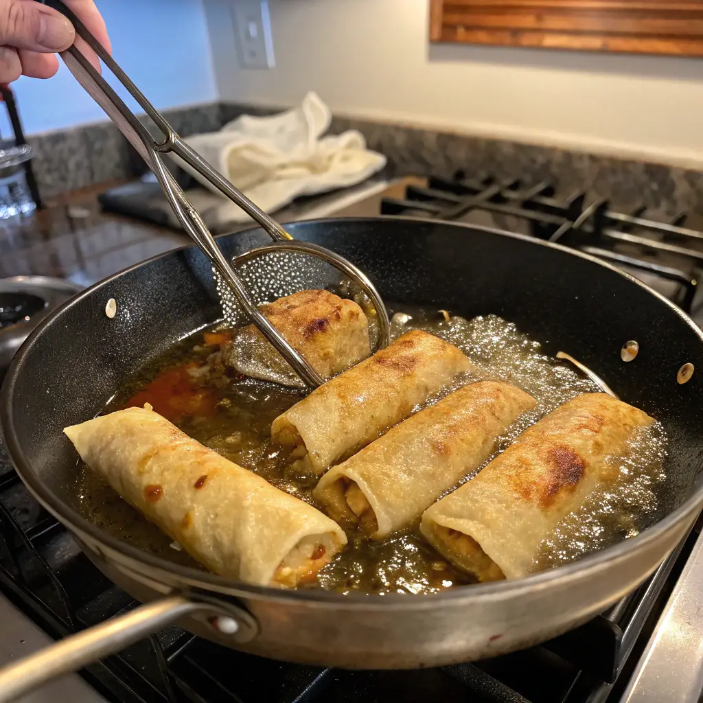 Chili's Southwestern Egg Rolls frying in a pan with hot oil, turning golden brown with small bubbles on the surface. One egg roll is being flipped with tongs, while others cool on a wire rack with paper towels. A cozy home kitchen stove is visible in the background, taken with an iPhone 15 Pro.