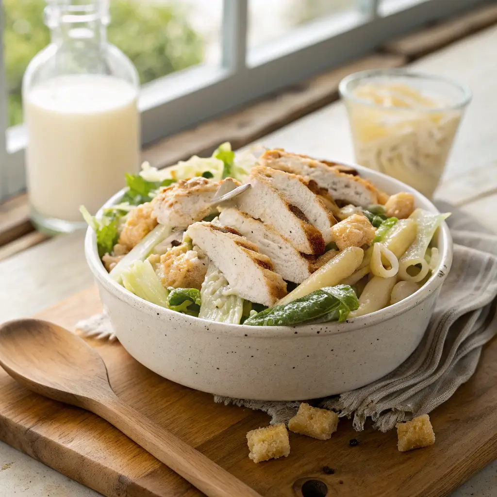 A bowl of Chicken Caesar Pasta Salad with grilled chicken, romaine lettuce, penne pasta, Parmesan, and croutons, tossed in creamy Caesar dressing, served on a wooden counter with natural lighting.