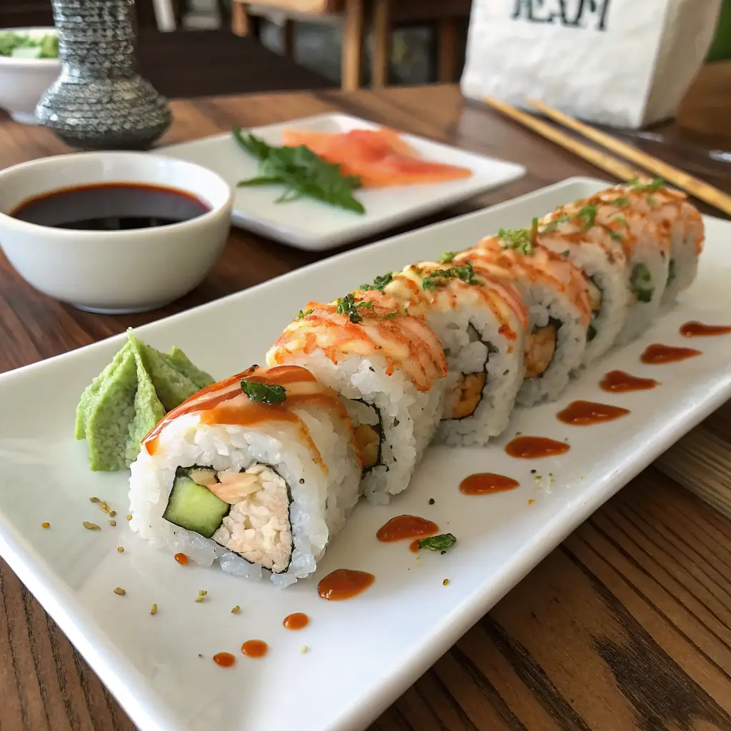 Close-up of a freshly sliced Spicy Shrimp Roll drizzled with spicy mayo on a white plate, shot with an iPhone 15 Pro.”