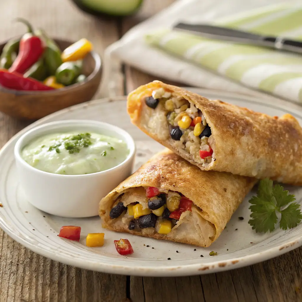 A plate of freshly made Chili’s Southwestern Egg Rolls, sliced open to reveal a filling of seasoned chicken, black beans, corn, red bell peppers, and melted Monterey Jack cheese. Served with a creamy avocado-ranch dipping sauce on a rustic wooden table, taken with an iPhone 15 Pro.