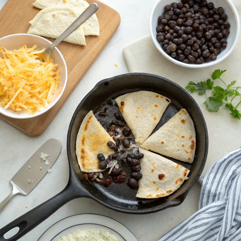 A mini quesadilla cooking in a cast iron skillet, with cheese melting and black beans evenly spread inside. A spatula presses the tortilla down for extra crispiness, surrounded by fresh ingredients like shredded cheese and cilantro.