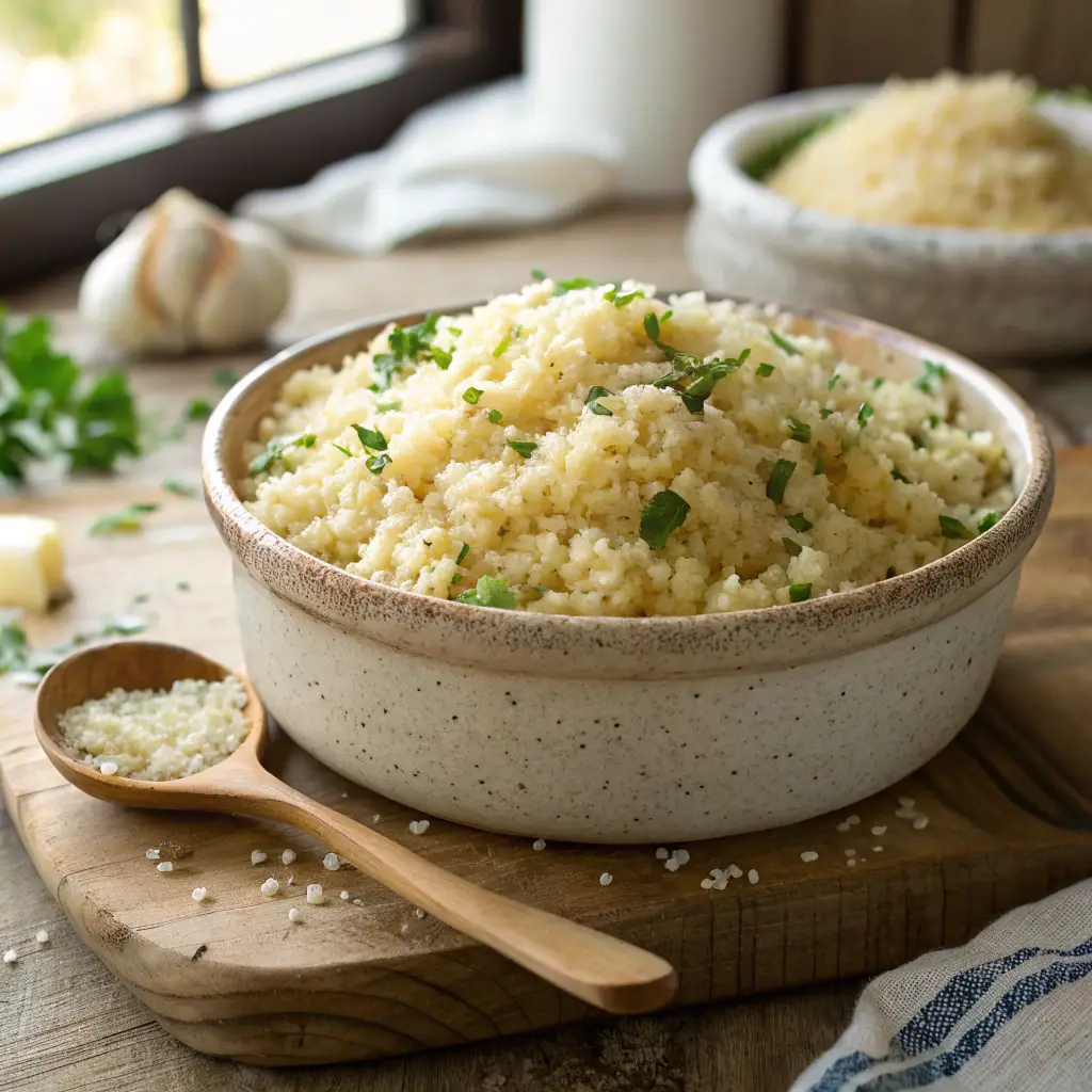 A steaming bowl of garlic butter cauliflower rice, golden and slightly crispy, garnished with fresh parsley and Parmesan cheese, served in a rustic ceramic dish on a wooden countertop.