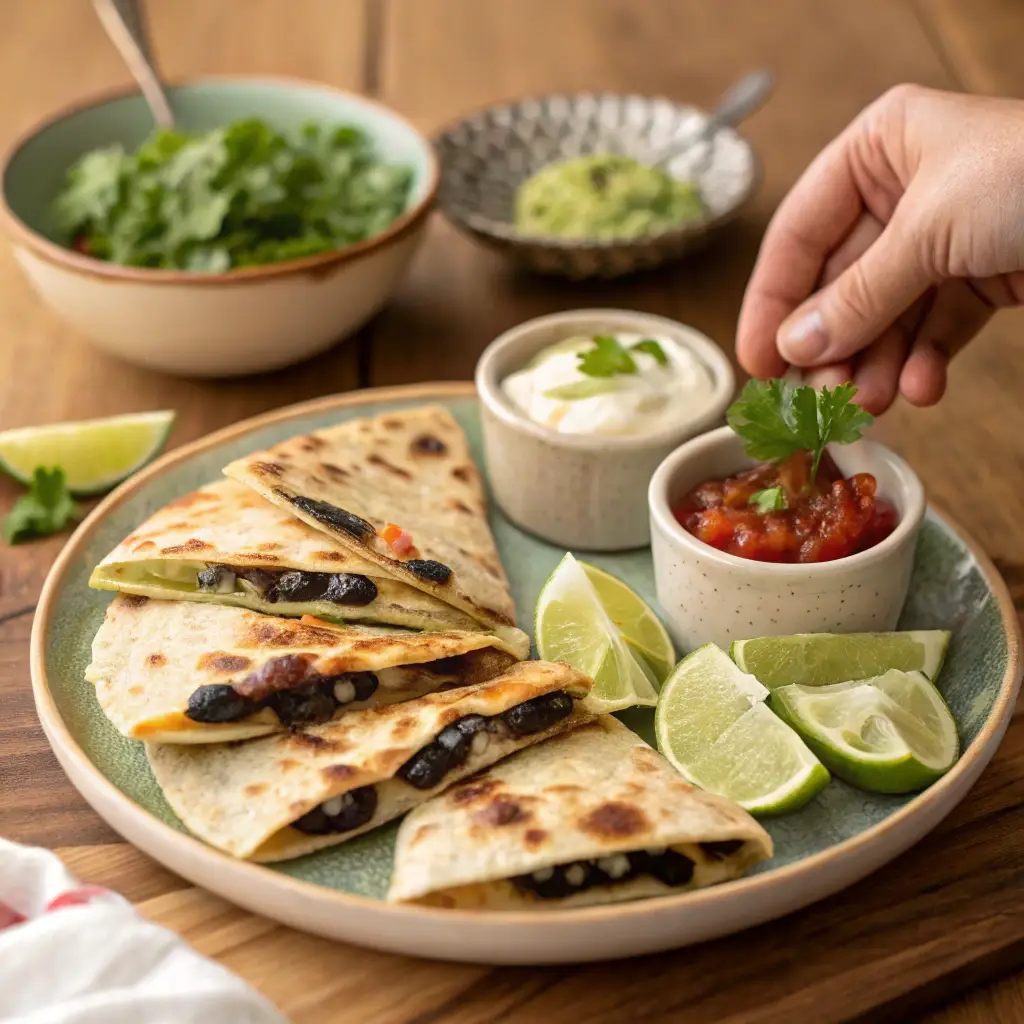 Mini Quesadillas with Black Beans & Cheese plated with guacamole, pico de gallo, and sour cream, garnished with fresh cilantro. A hand reaches in to grab a piece, highlighting the shareable, homemade nature of the dish.