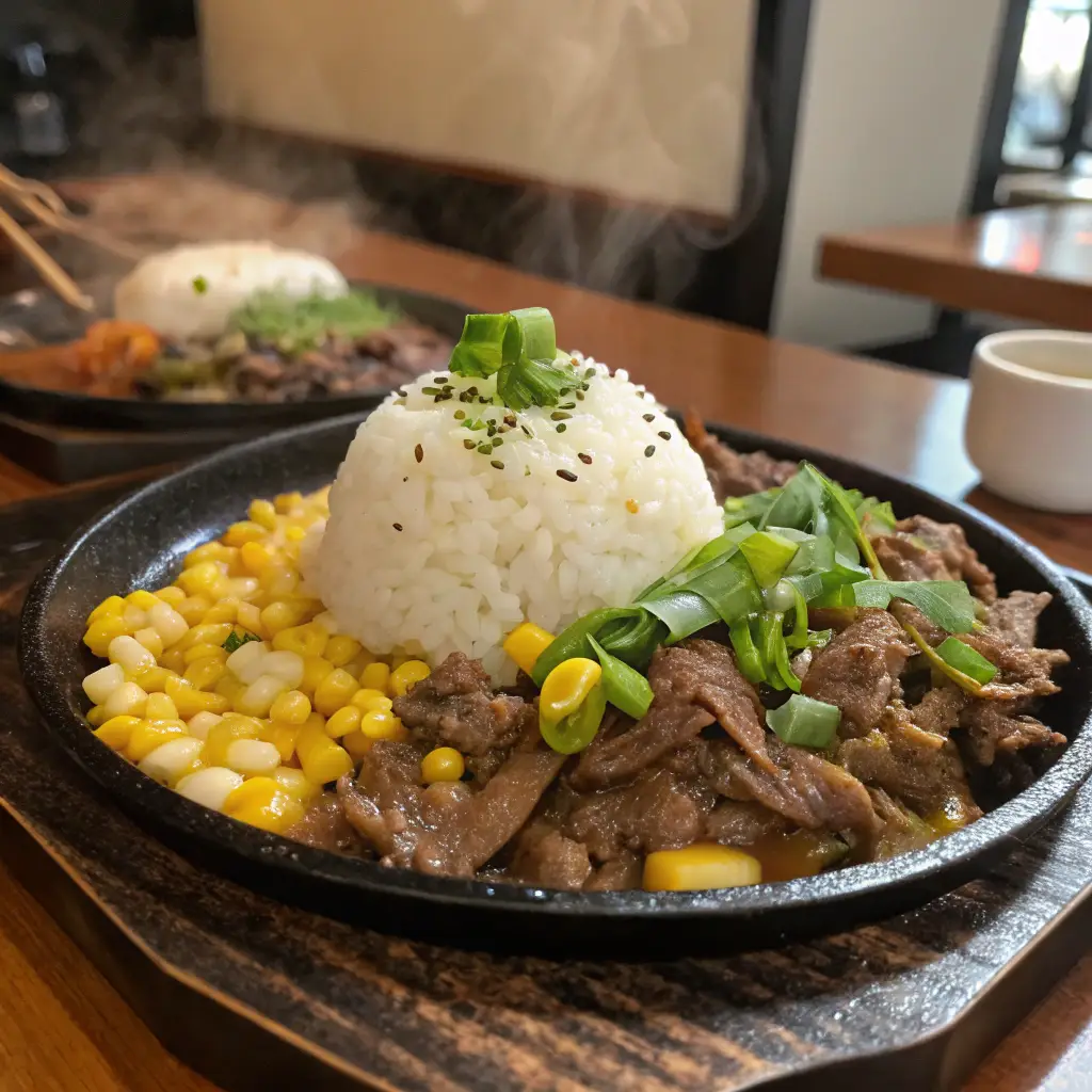 A sizzling hot plate of homemade Pepper Lunch beef pepper rice with thinly sliced beef, fluffy white rice, melting butter, sweet corn, and chopped green onions. Steam rises from the dish, and the background features a cozy kitchen with warm lighting.