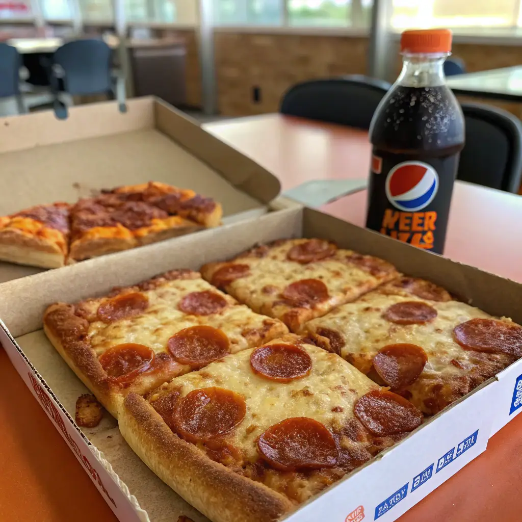 A close-up of a freshly served Little Caesars Lunch Combo with four crispy, golden-brown Detroit-style deep-dish pizza slices topped with melted cheese and pepperoni, inside an open Little Caesars box. A 20-ounce Pepsi bottle sits beside it on a fast-food tray.