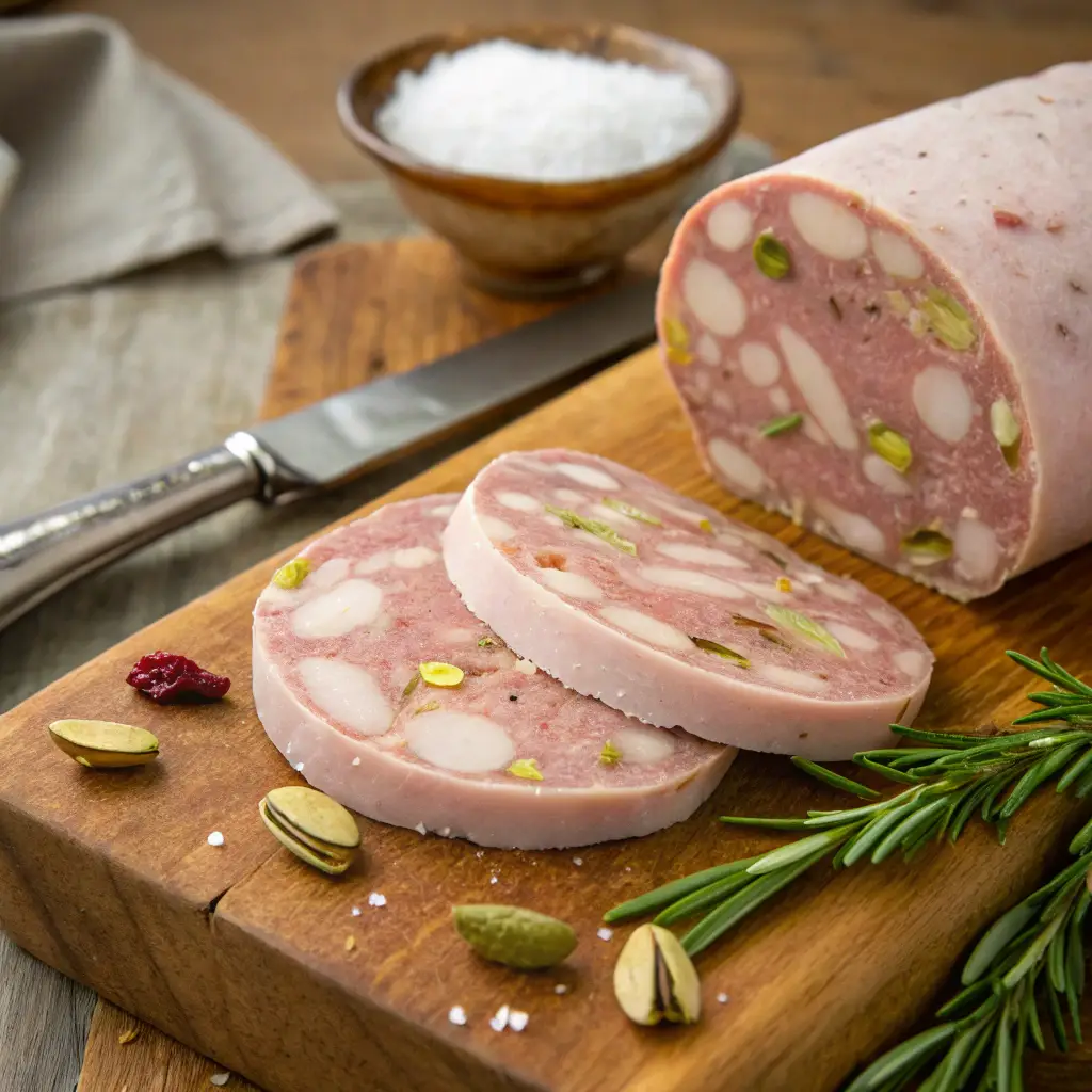 Freshly sliced homemade mortadella with visible cubes of beef fat and pistachios, arranged on a rustic wooden cutting board with a knife and rosemary on the side.