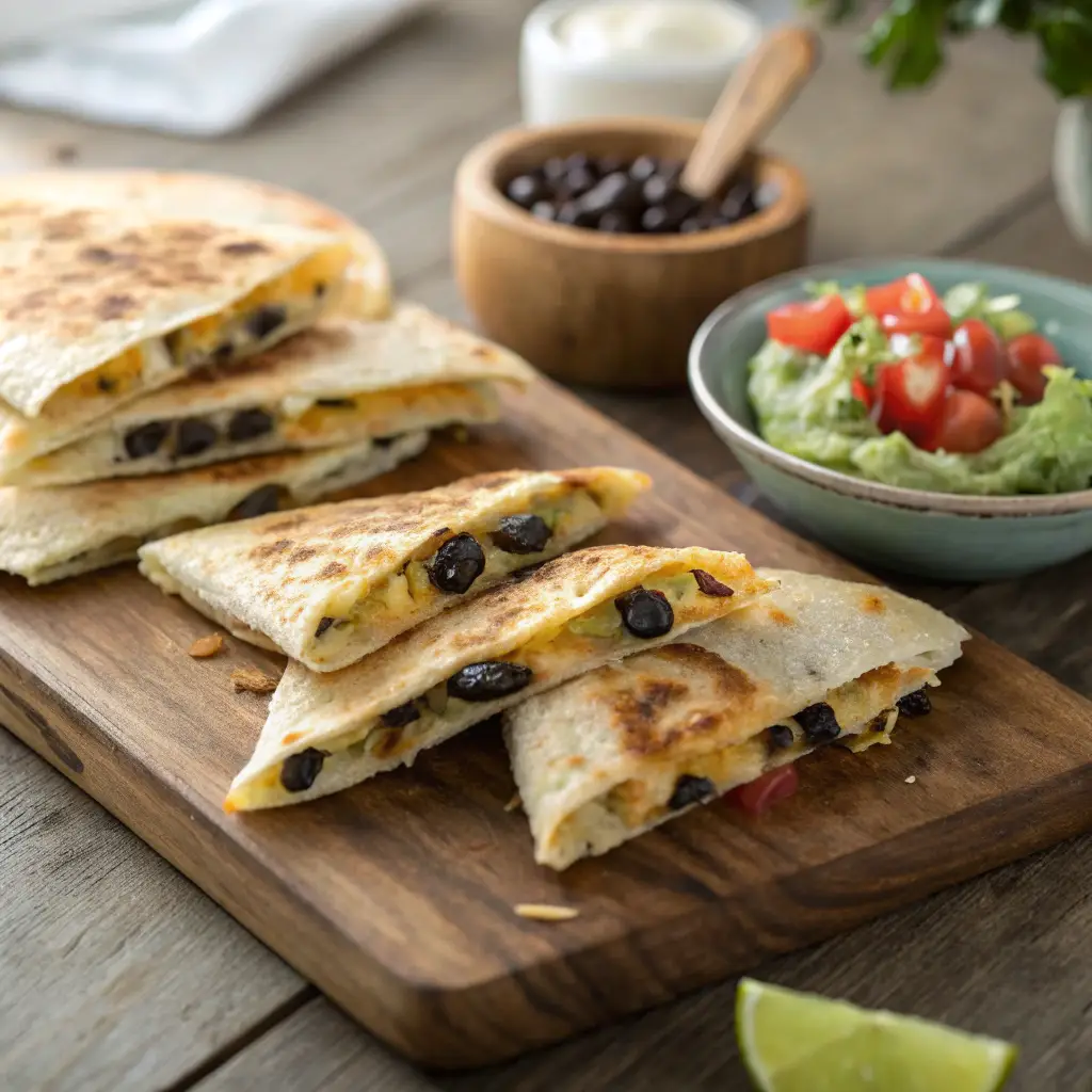 Golden-brown mini quesadillas with black beans and melted cheese, served on a rustic wooden board with guacamole and pico de gallo on the side.