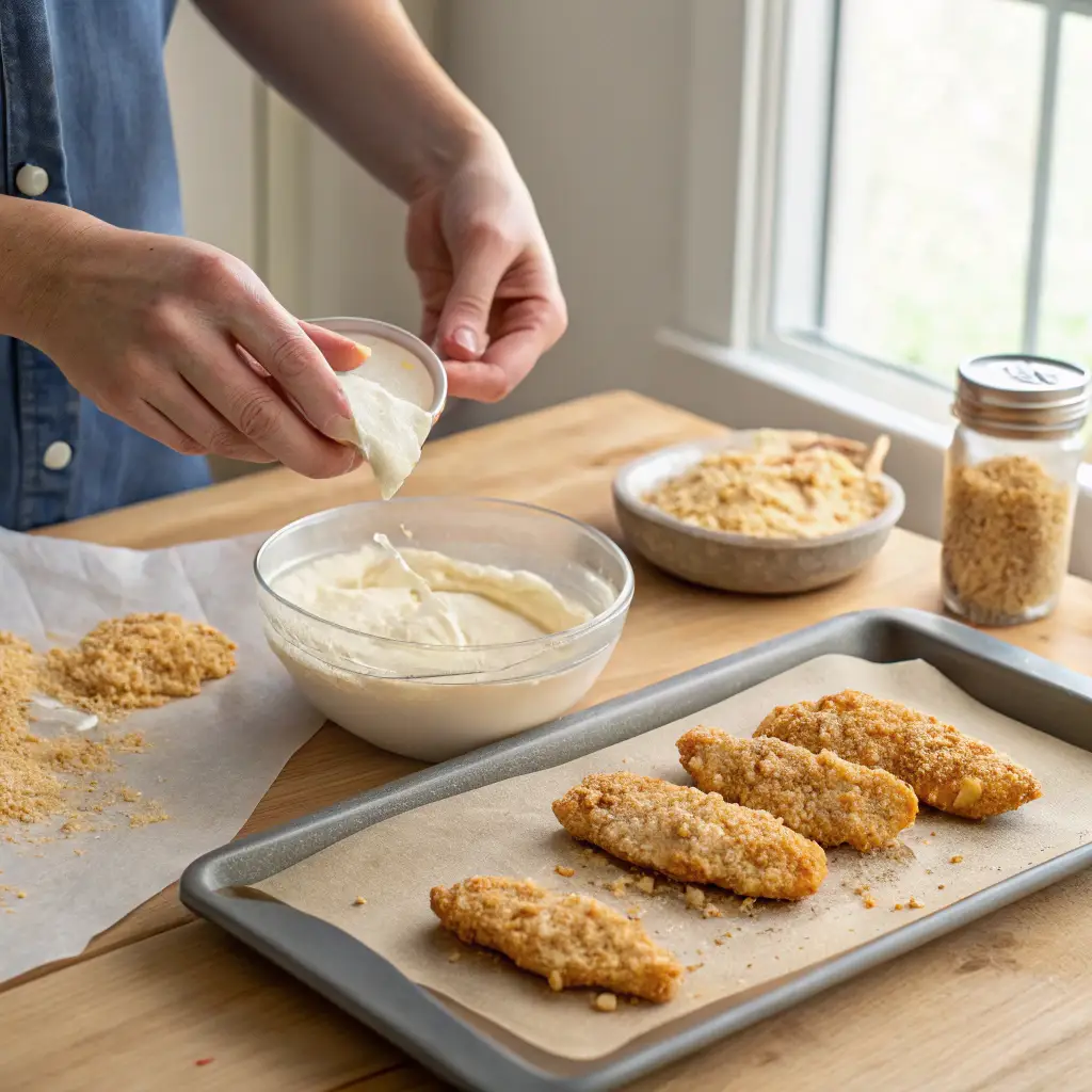 Hands coating a chicken tender in a creamy ranch-mayo mixture before rolling it in crushed Ritz crackers and Parmesan cheese. A baking sheet with prepared tenders is in the background, set in a well-lit home kitchen.