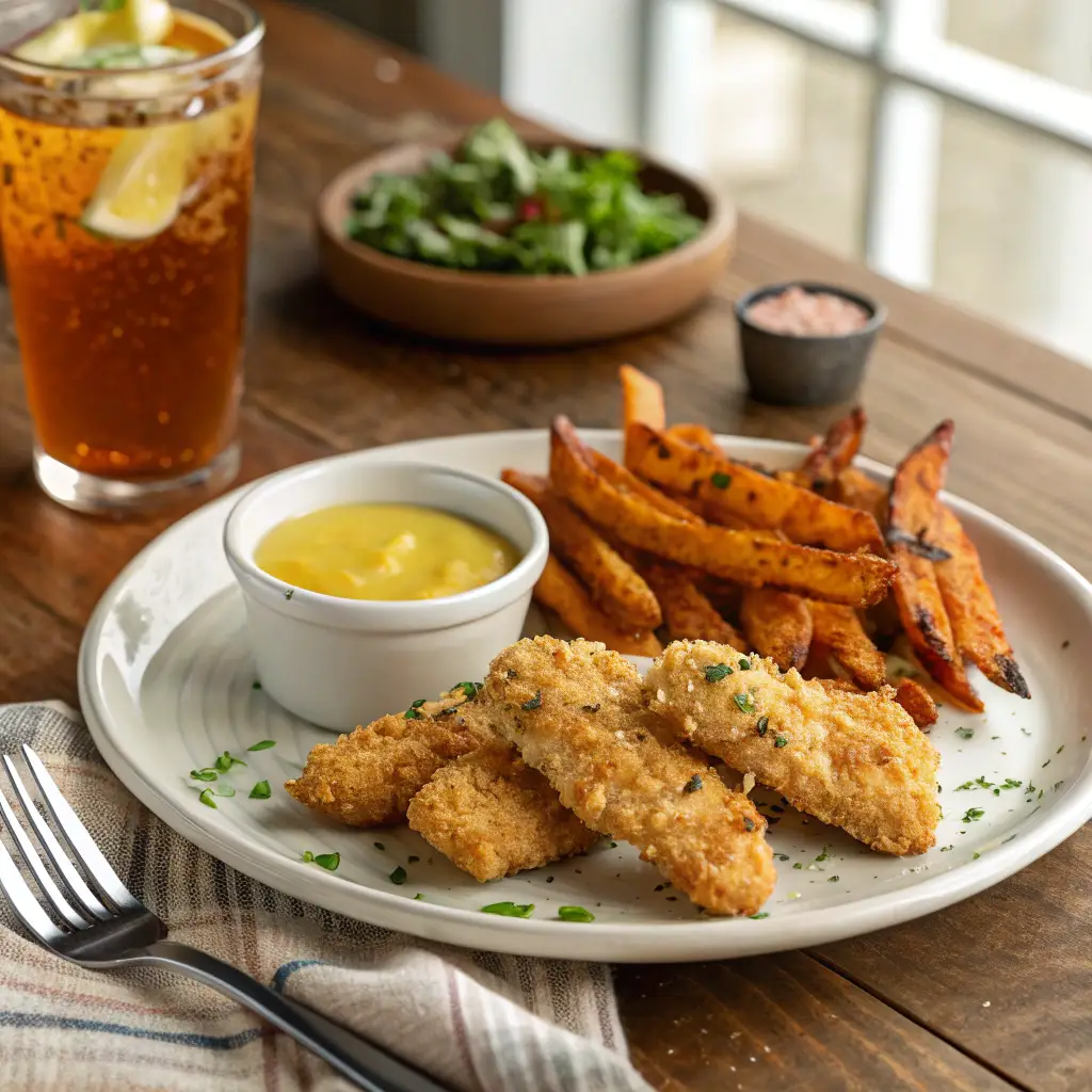 A plated meal featuring crispy crack chicken tenders, golden sweet potato fries, and a bowl of honey mustard dipping sauce on a rustic wooden table. Warm natural light enhances the appetizing textures and colors of the dish.