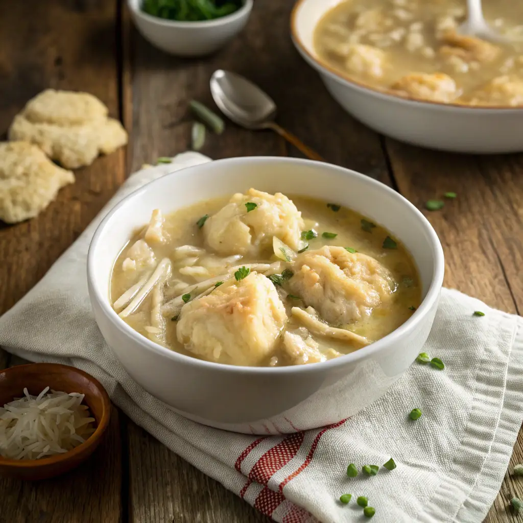 A steaming bowl of homemade Cracker Barrel Chicken and Dumplings, served in a white ceramic bowl on a rustic wooden table. The dumplings are soft, slightly chewy, and coated in a thick, creamy broth with shredded chicken. Natural kitchen lighting with a cozy, warm ambiance. Taken with an iPhone 15 Pro, amateur Reddit-style photo with a slight overhead angle.