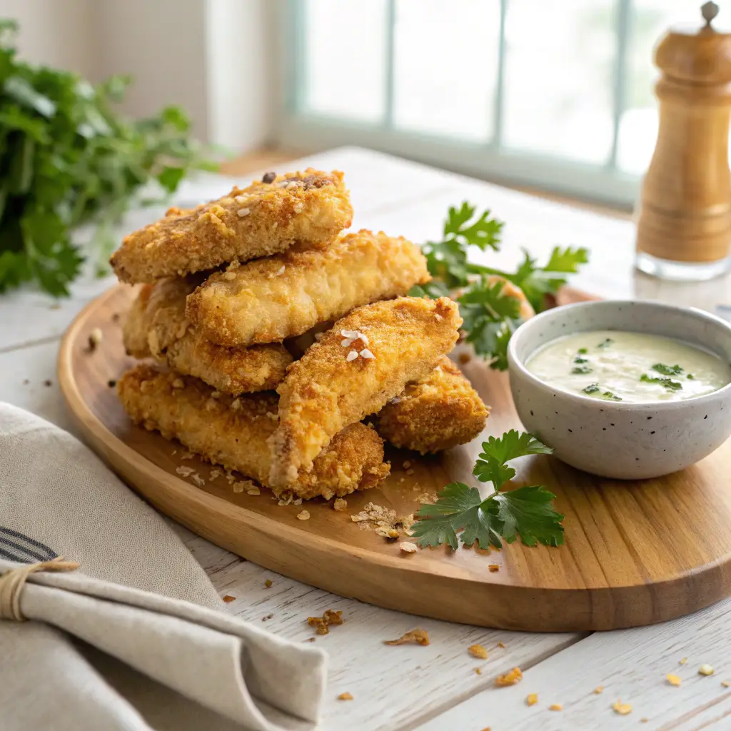 A plate of crispy, golden crack chicken tenders with a crunchy Parmesan and cracker coating, served with a bowl of ranch dipping sauce on a rustic wooden board. Natural light highlights the texture, and fresh parsley adds a pop of color.