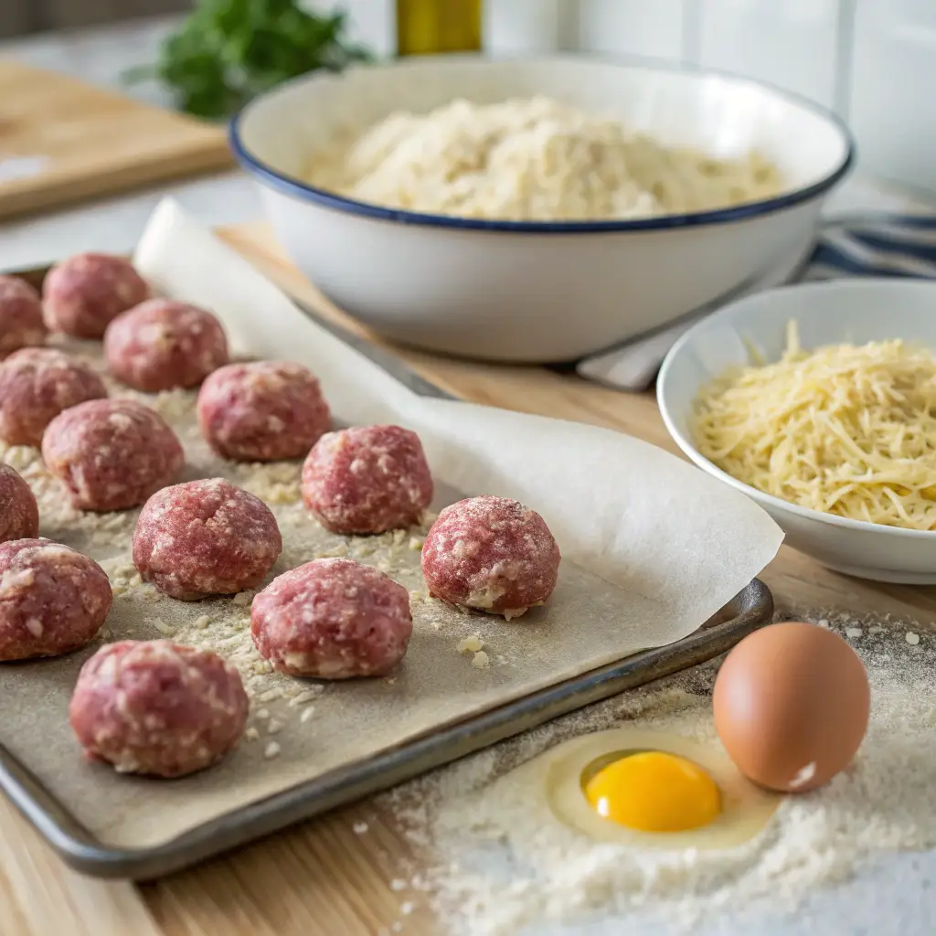 Raw Parmesan meatballs on a parchment-lined baking tray, with a bowl of grated Parmesan and a cracked egg on a wooden countertop, ready for cooking.