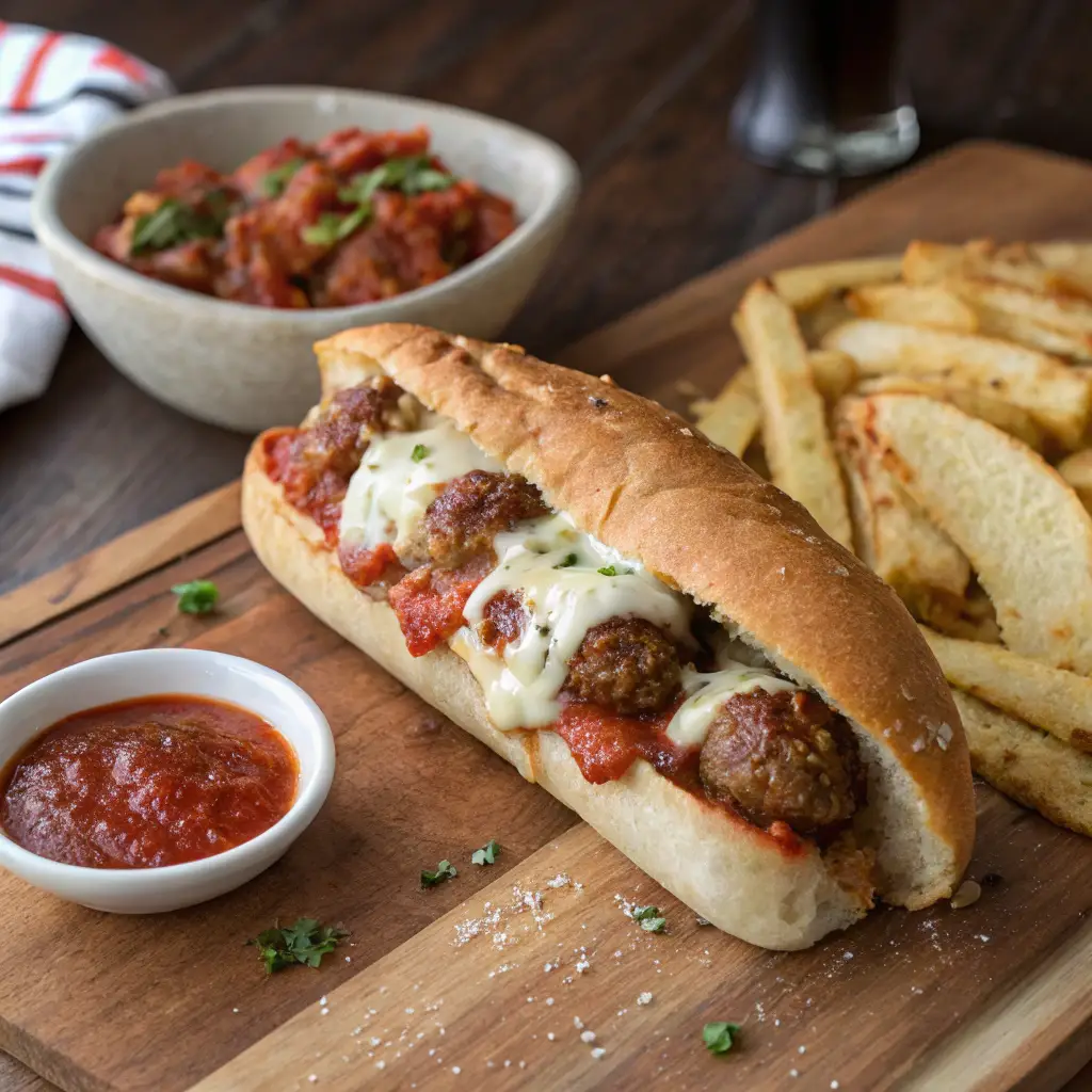  toasted Parmesan meatball sub filled with juicy meatballs, marinara sauce, and melted mozzarella cheese, served on a wooden cutting board with fries on the side.