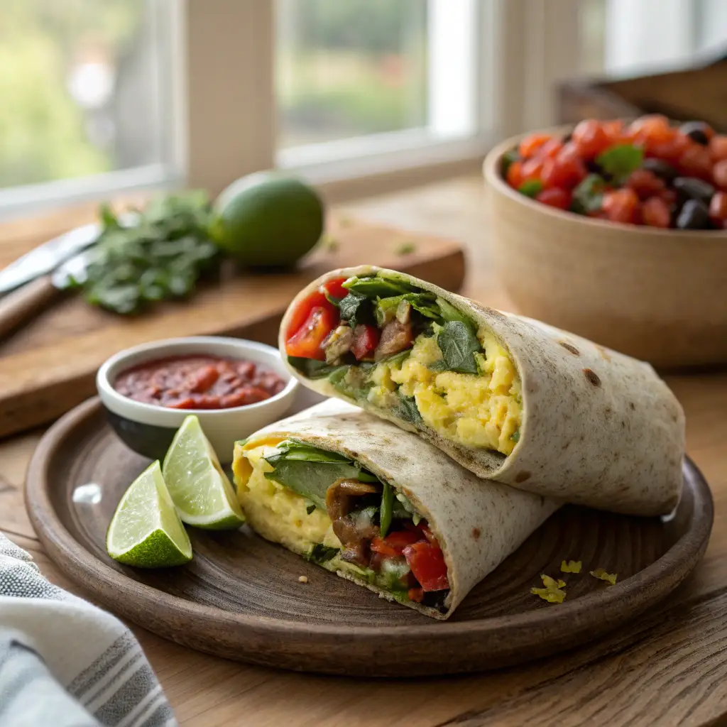 A freshly made, healthy breakfast burrito sliced in half on a rustic ceramic plate, showing scrambled eggs, bell peppers, onions, spinach, avocado, black beans, and shredded cheese wrapped in a whole wheat tortilla. Served with salsa and a lime wedge, with warm natural lighting in a cozy kitchen setting