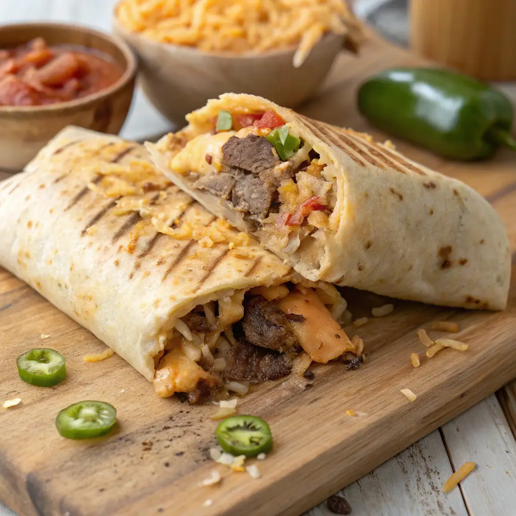 A freshly made grilled cheese burrito sliced in half, showing melted cheese, seasoned beef, nacho cheese, crunchy tortilla strips, and seasoned rice, all wrapped in a golden, crispy cheese layer. The burrito is placed on a rustic wooden board with fresh ingredients in the blurred background.