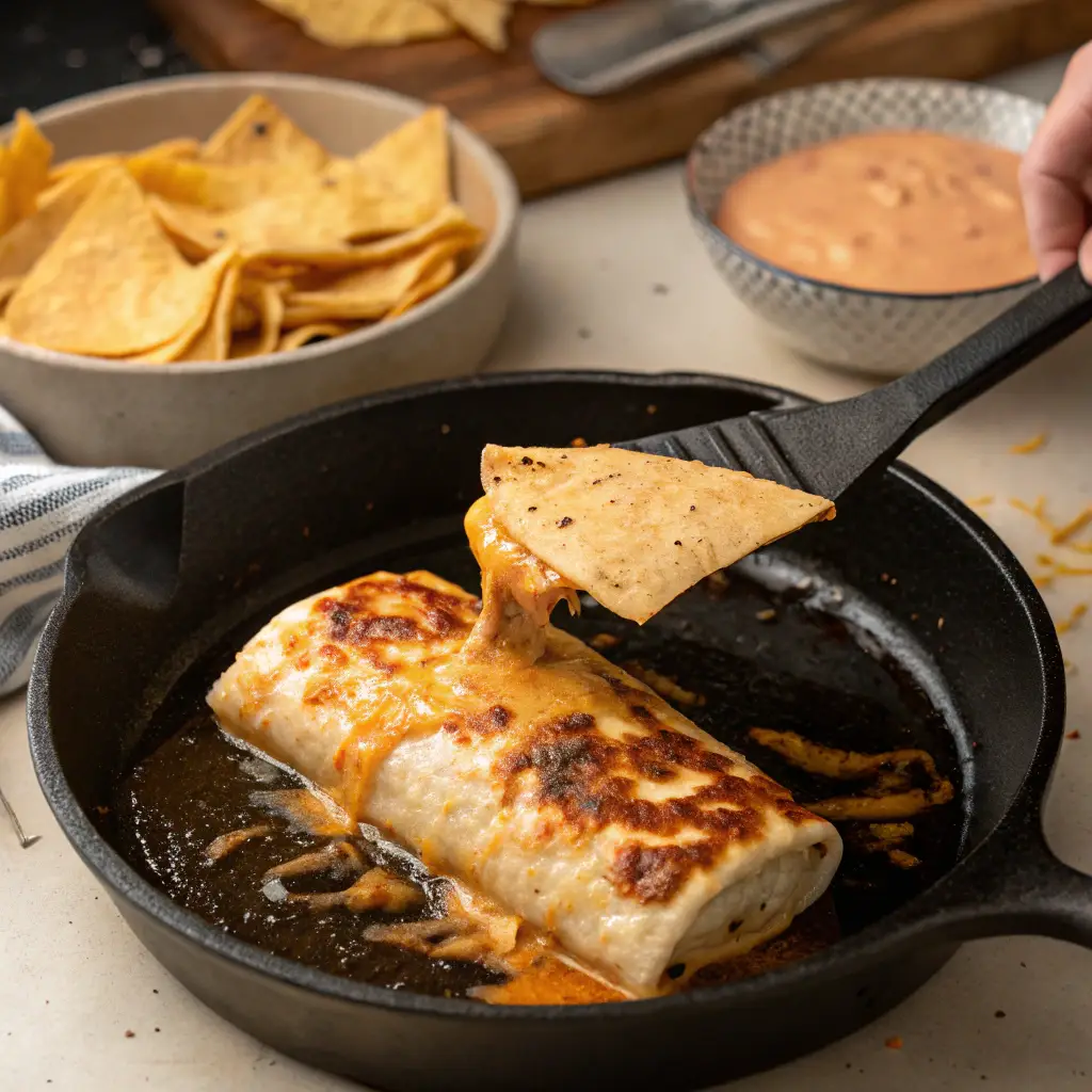 A close-up of a cheese-covered burrito being grilled in a cast-iron skillet. The cheese is bubbling and turning golden brown, forming a crispy layer on the tortilla. A spatula lifts the burrito slightly, showing the crunchy cheese crust. The background includes tortilla strips and chipotle sauce.