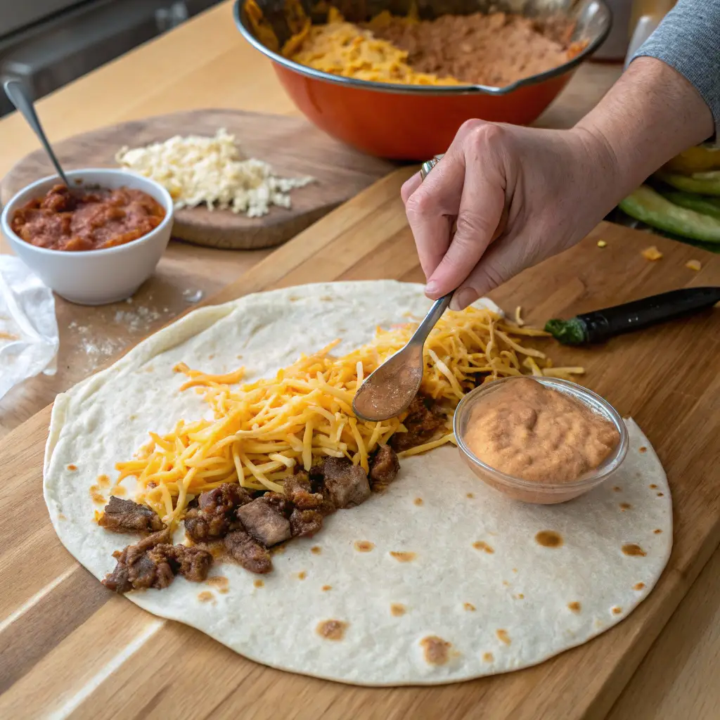An overhead view of a large flour tortilla being filled with seasoned beef, nacho cheese, sour cream, and tortilla strips. A spoonful of creamy chipotle sauce is being added, with hands preparing to roll the burrito. The fresh ingredients are arranged neatly, with soft lighting highlighting their vibrant textures.