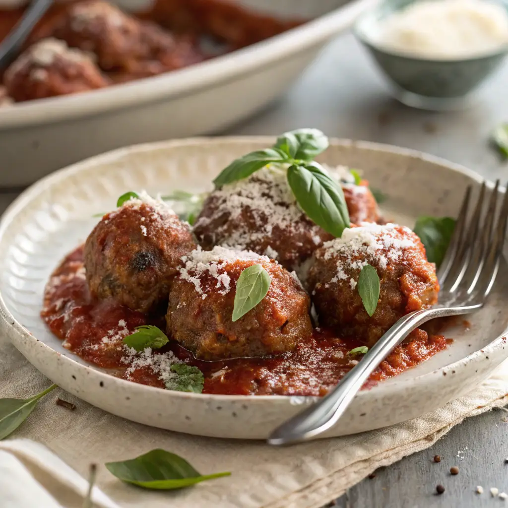 A plate of freshly baked Parmesan meatballs covered in marinara sauce, topped with grated Parmesan cheese and fresh basil, served on a rustic white ceramic plate.