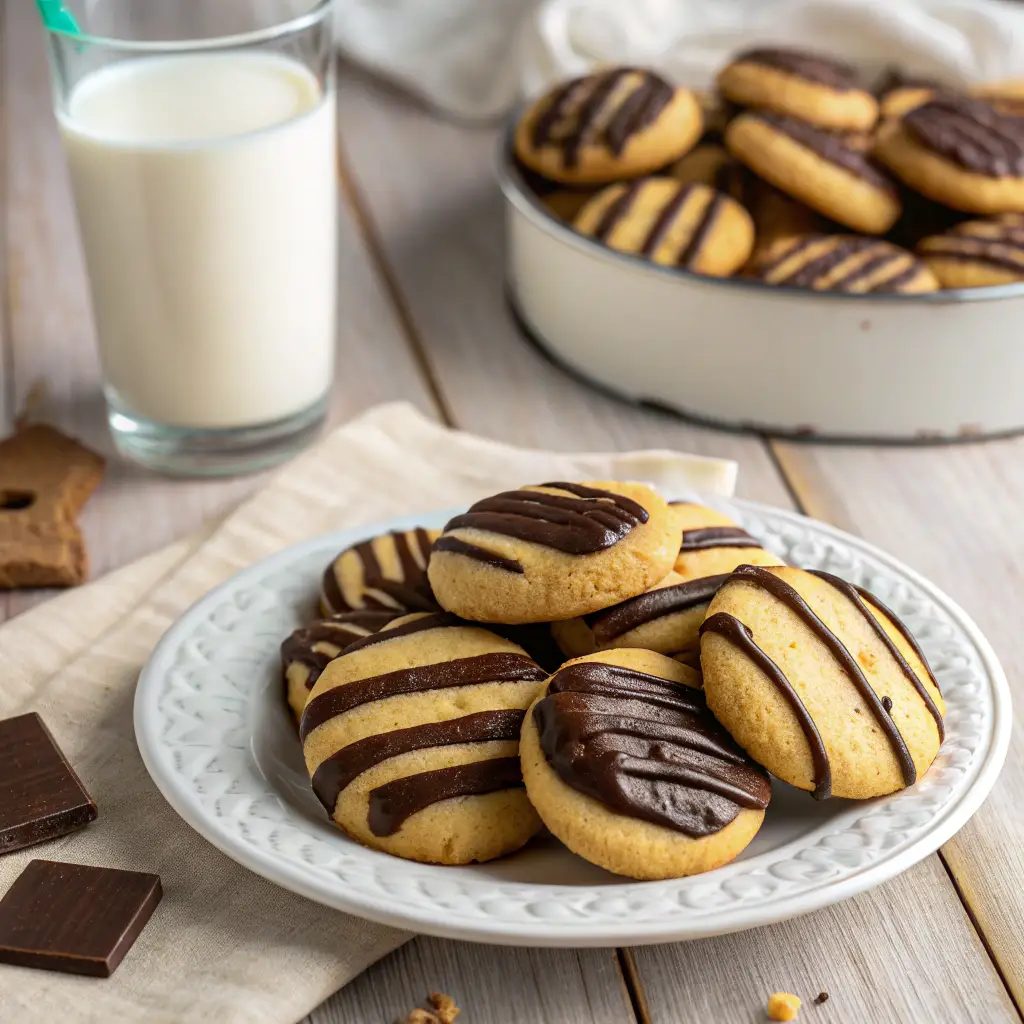 A close-up of a plate of freshly baked fudge stripe cookies, featuring golden shortbread and glossy chocolate fudge stripes, with a glass of milk on a wooden table in a warm, homey kitchen setting.