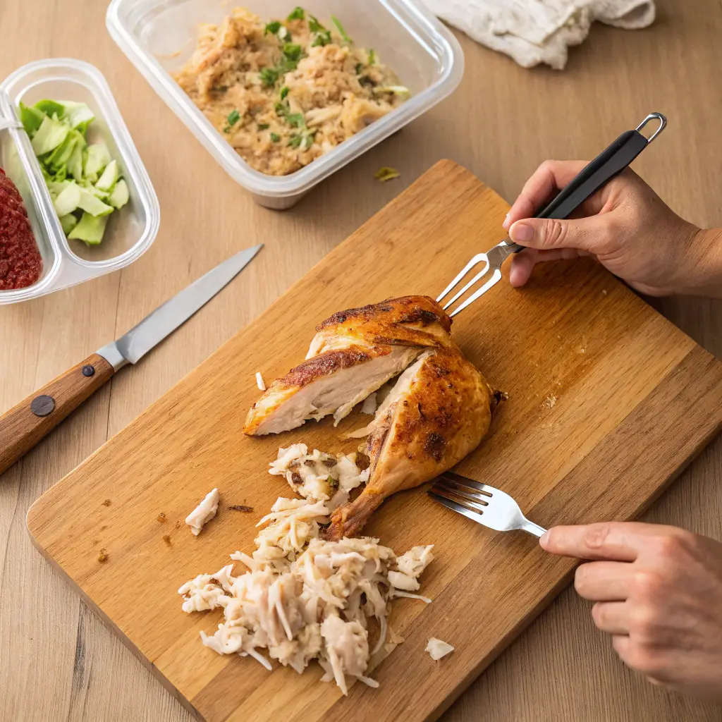 A home cook’s hands shredding rotisserie chicken with two forks on a wooden cutting board. Pieces of chicken are scattered around, with meal prep containers and a knife in the background on the kitchen counter.