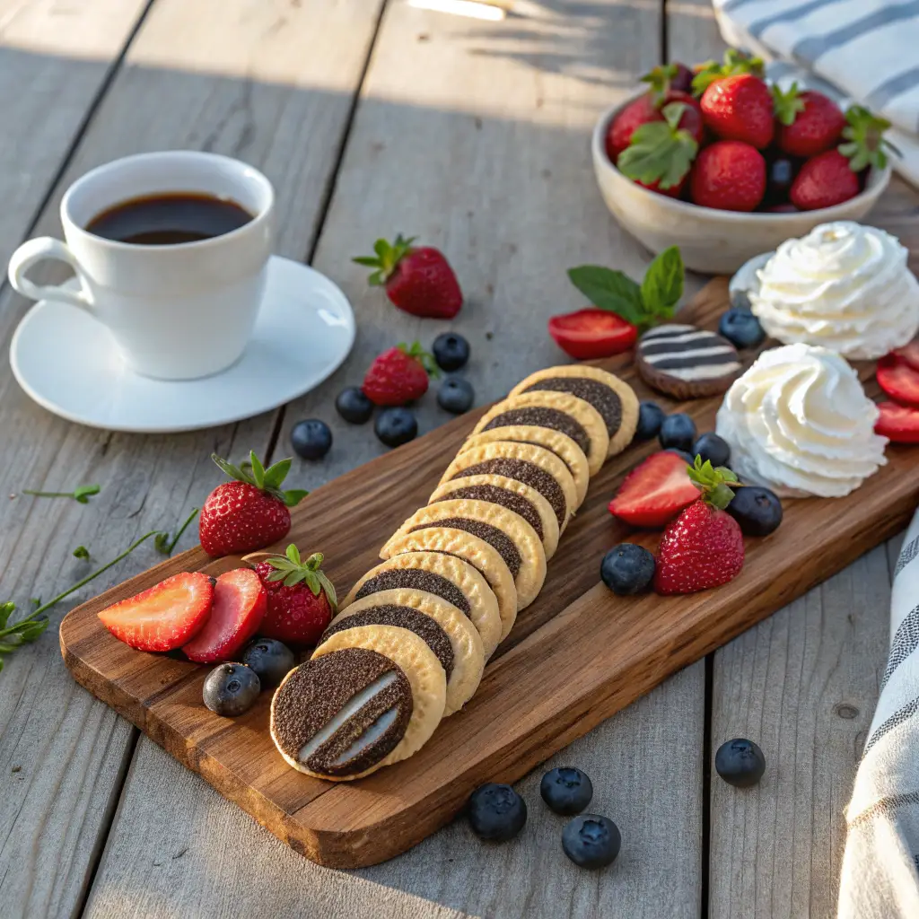 A dessert board showcasing fudge stripe cookies paired with fresh strawberries, blueberries, whipped cream, and a cup of coffee, arranged on a rustic wooden table with natural sunlight streaming in.