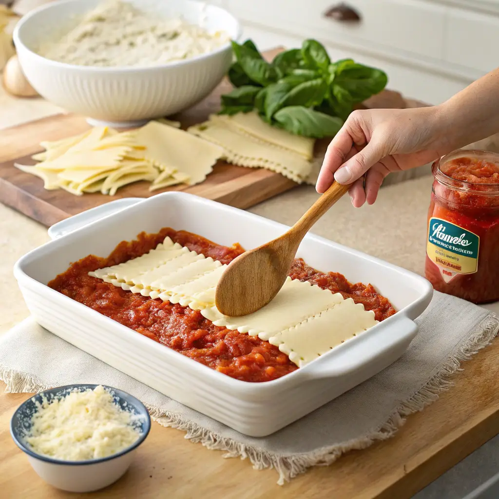 A home cook layering Barilla no-boil lasagna noodles over marinara sauce and ricotta cheese in a white baking dish, with fresh ingredients nearby.