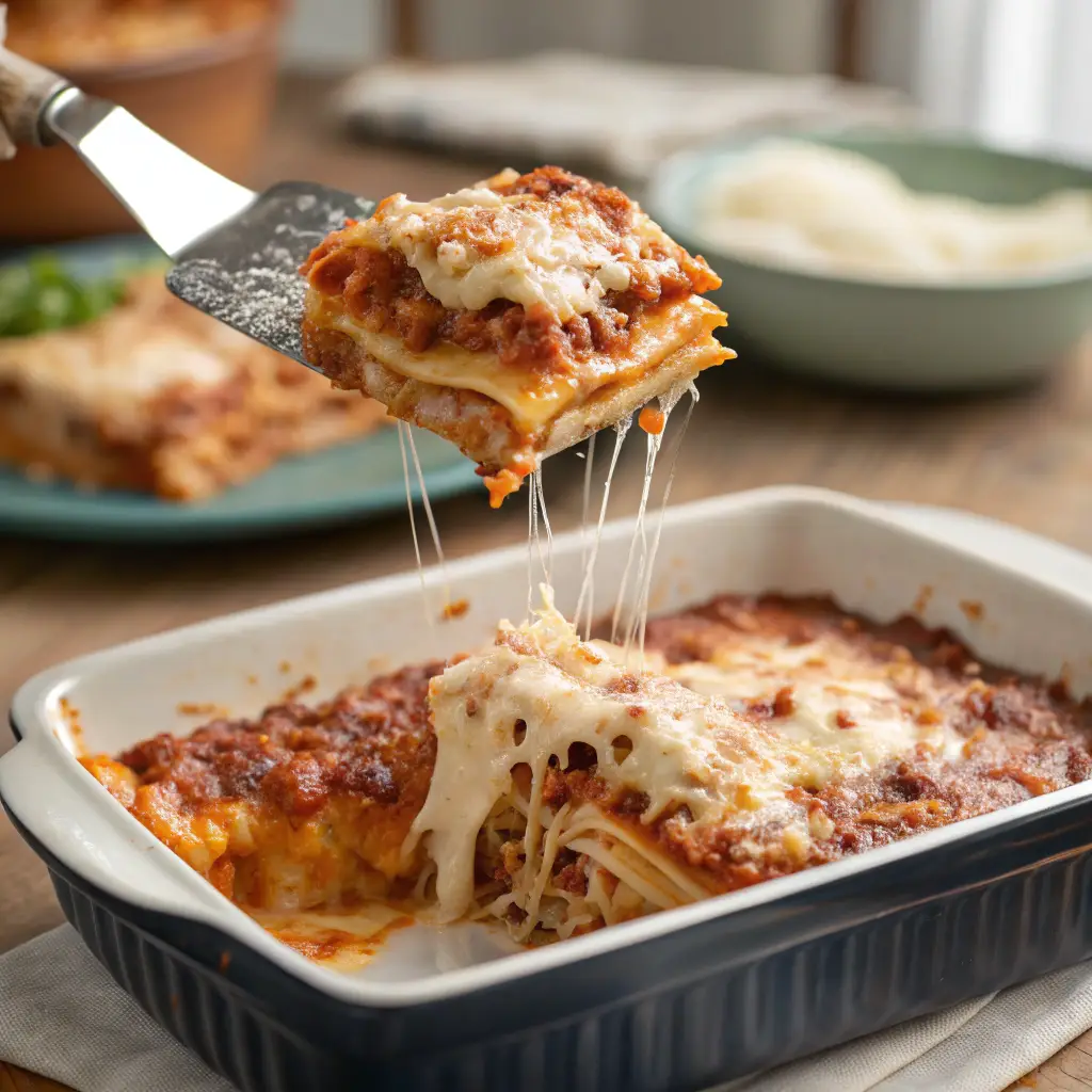 A cheesy slice of Barilla lasagna being lifted from a baking dish, showing layers of meat sauce, ricotta, and pasta with melted mozzarella stretching.Vous avez dit :
