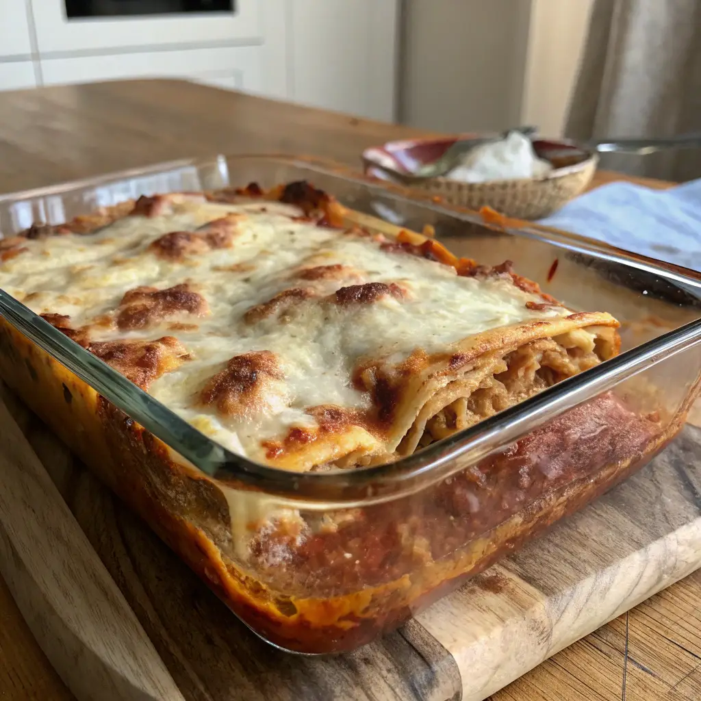 Freshly baked frozen lasagna in a glass dish, with golden-brown cheese and visible pasta layers, on a wooden countertop.